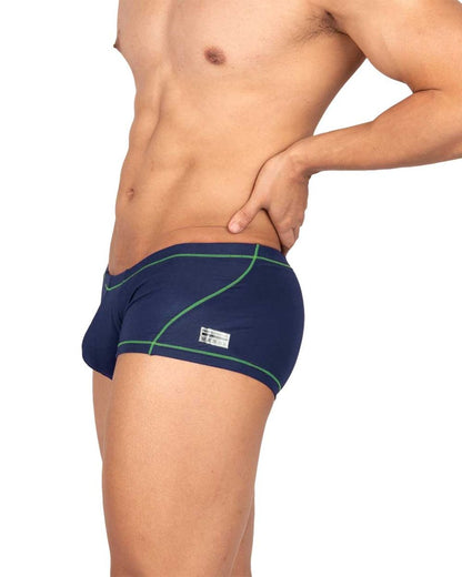 Private Structure EPUS4570 prime Elysian hipster navy blue swim trunks with green stitching and white brand tag