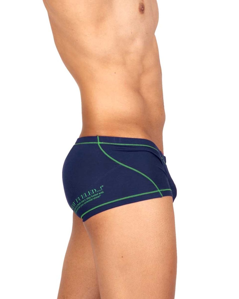 Navy blue private structure epus4570 prime elysian hipster swim trunks with green piping and subtle side logo
