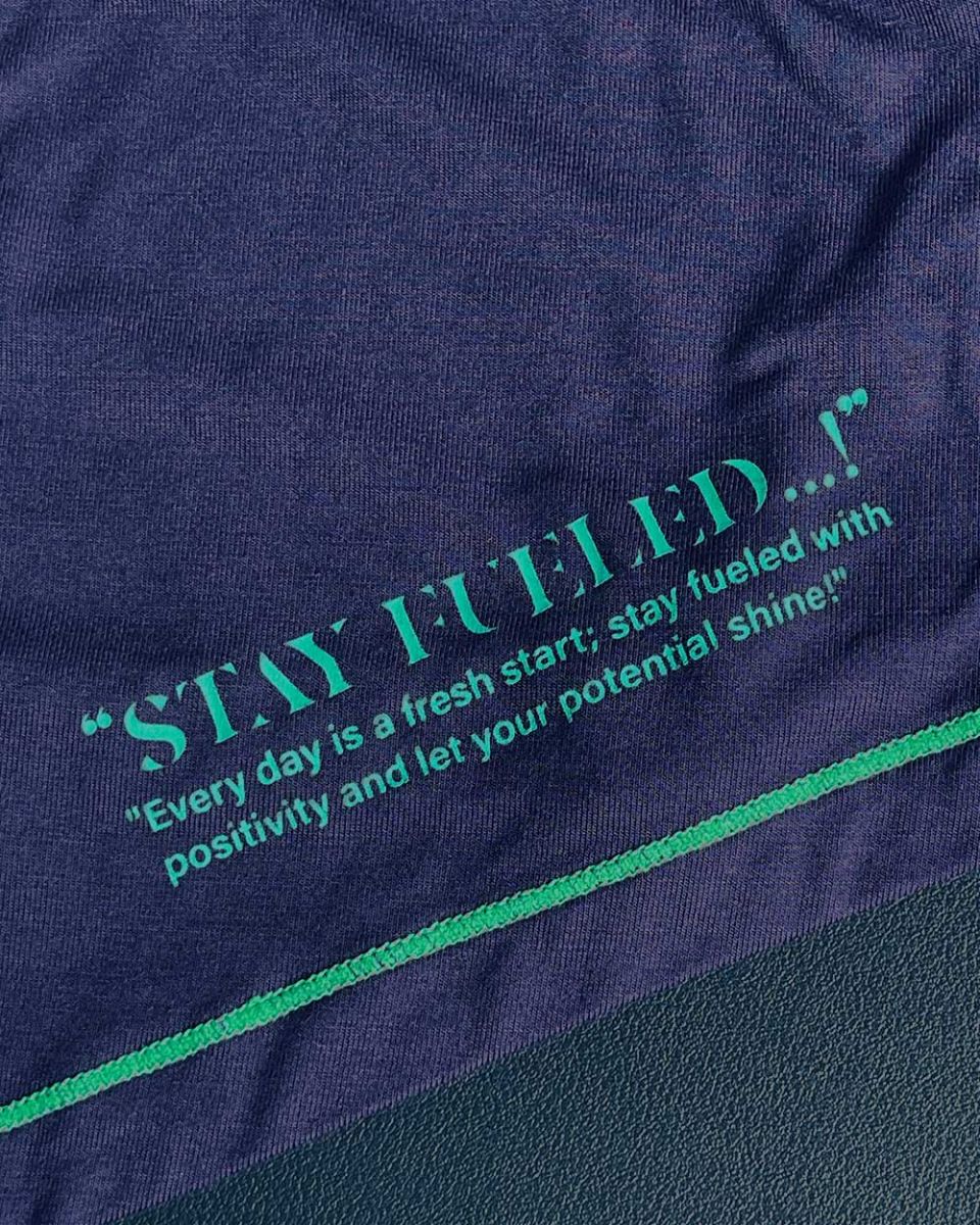 Navy blue cotton Private Structure EPUS4570 Prime Elysian Hipster t-shirt with teal embroidered text and matching seam
