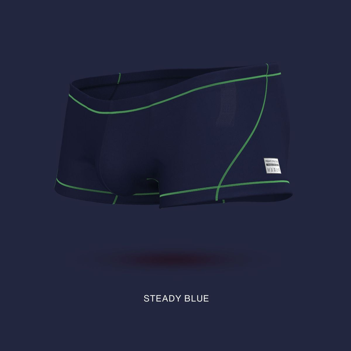 Navy blue private structure epus4570 prime elysian hipster swim trunks with neon green stitching and white side label