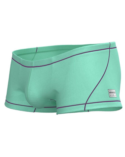 Private Structure EPUS4570 Prime Elysian hipster swim trunks in mint green with purple stitching and side brand label