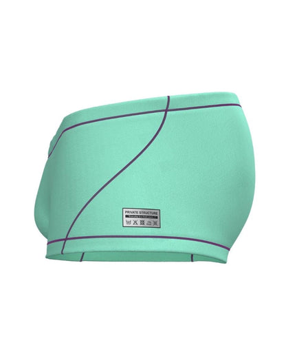 Mint green swim trunks with black stitching and private Structure label in cyan hipster style for casual beachwear