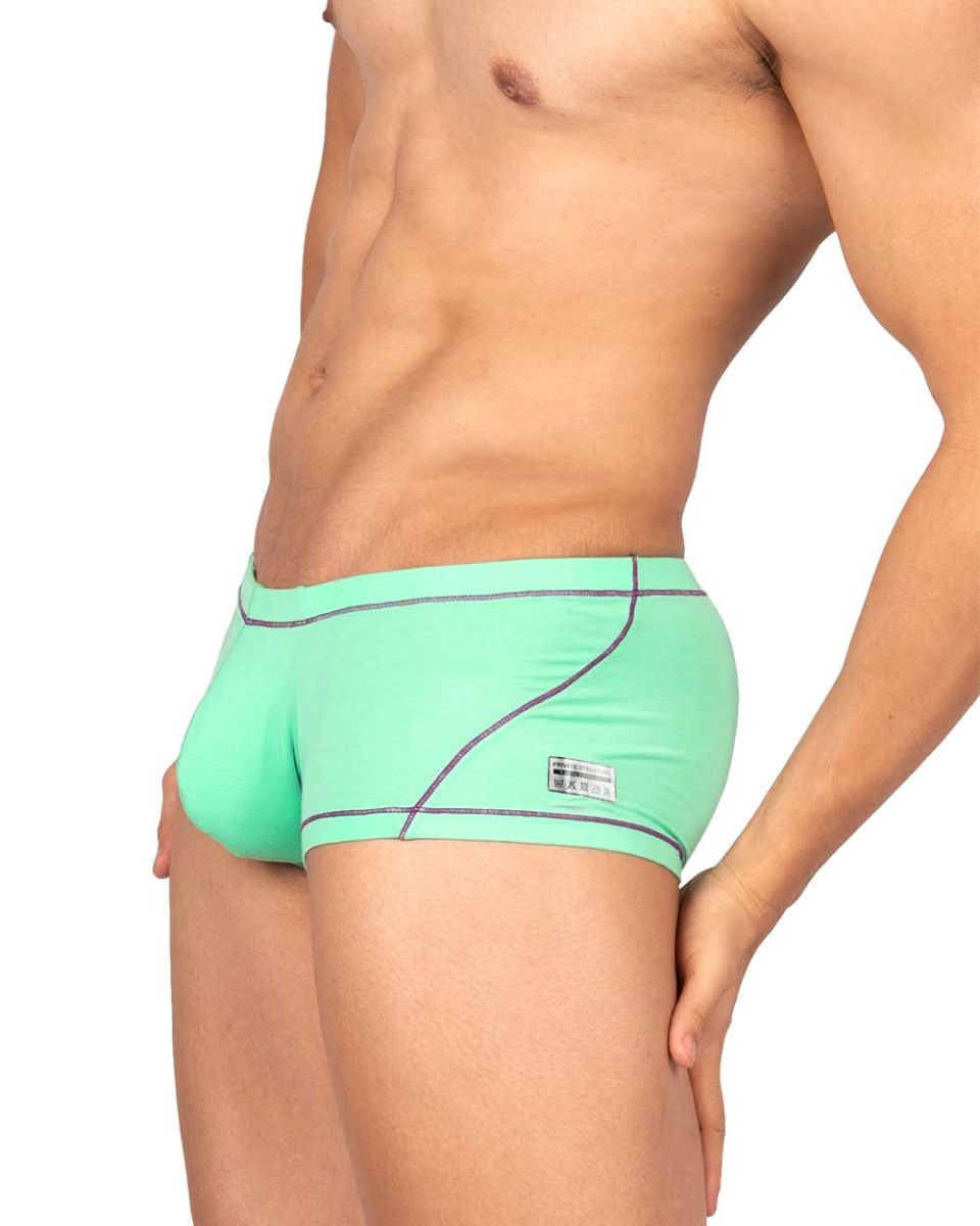 Mint green private structure epus4570 prime elysian hipster swim trunks with black trim and waistband brand tag