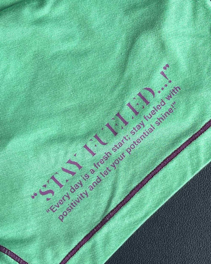 Private Structure EPUS4570 prime elysian hipster cyan cotton t-shirt with purple stay fueled slogan and matching stitching