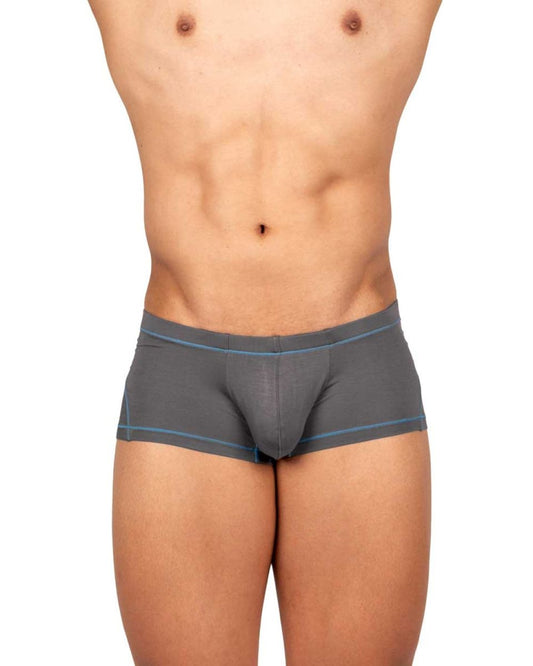 Gray men’s hipster briefs by private structure with subtle blue trim along waistband and legs in prime elysian fabric