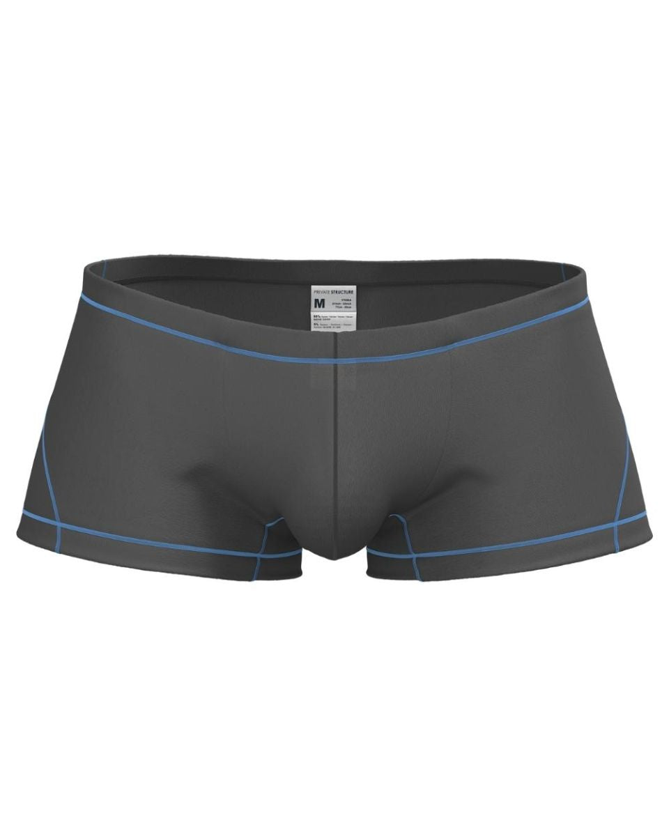Dark gray private structure epus4570 prime elysian hipster briefs with light blue stitching on waistband and leg openings