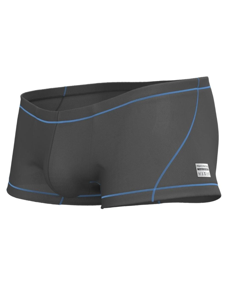 Dark gray private structure epus4570 prime elysian hipster swim trunks with light blue stitching and white side label
