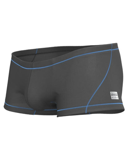 Dark gray private structure epus4570 prime elysian hipster swim trunks with light blue stitching and white side label