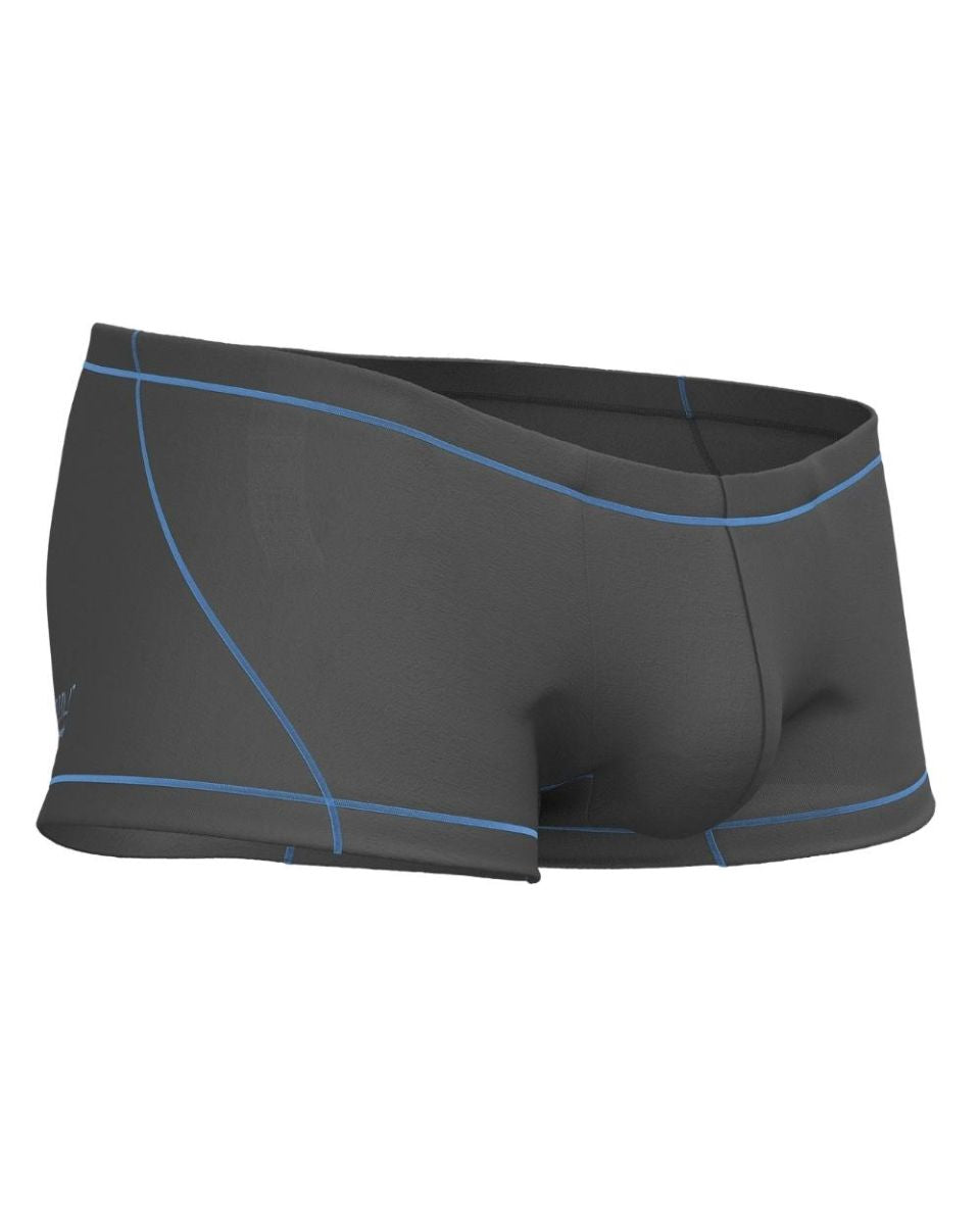 Dark gray private structure epus4570 prime elysian hipster swim trunks with light blue stitching on waistband and legs