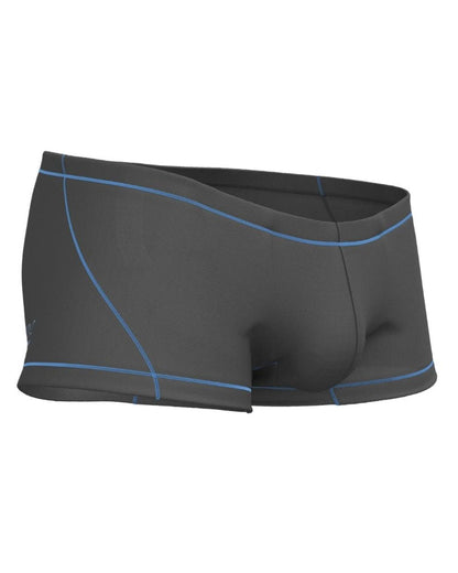 Dark gray private structure epus4570 prime elysian hipster swim trunks with light blue stitching on waistband and legs
