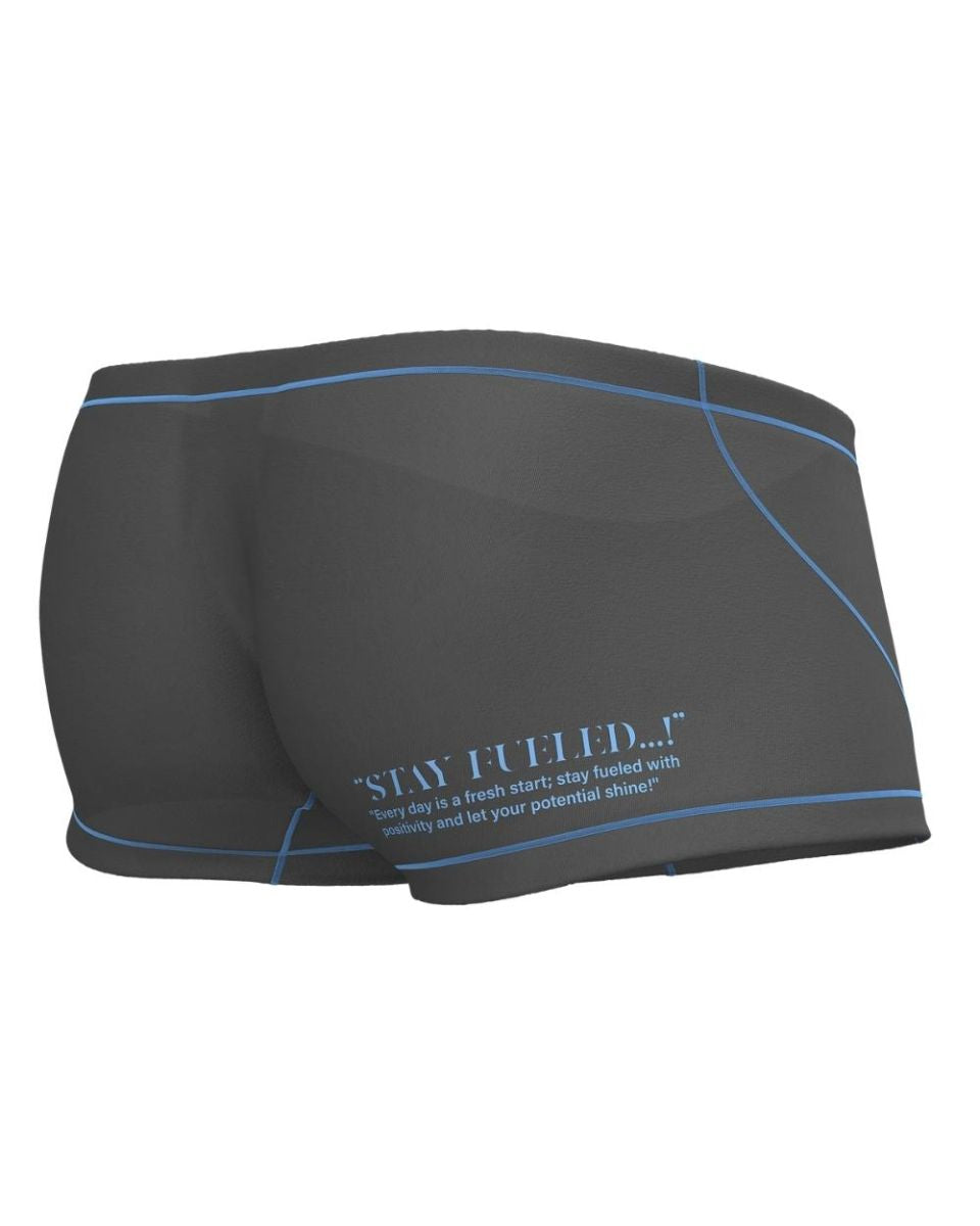 Private structure epus4570 prime elysian hipster dark gray swim trunks with light blue stitching and motivational quote on side