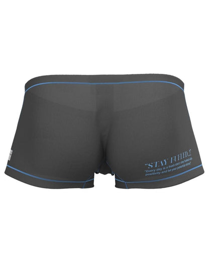 Dark gray private structure epus4570 prime elysian hipster briefs with light blue trim and motivational quote on side