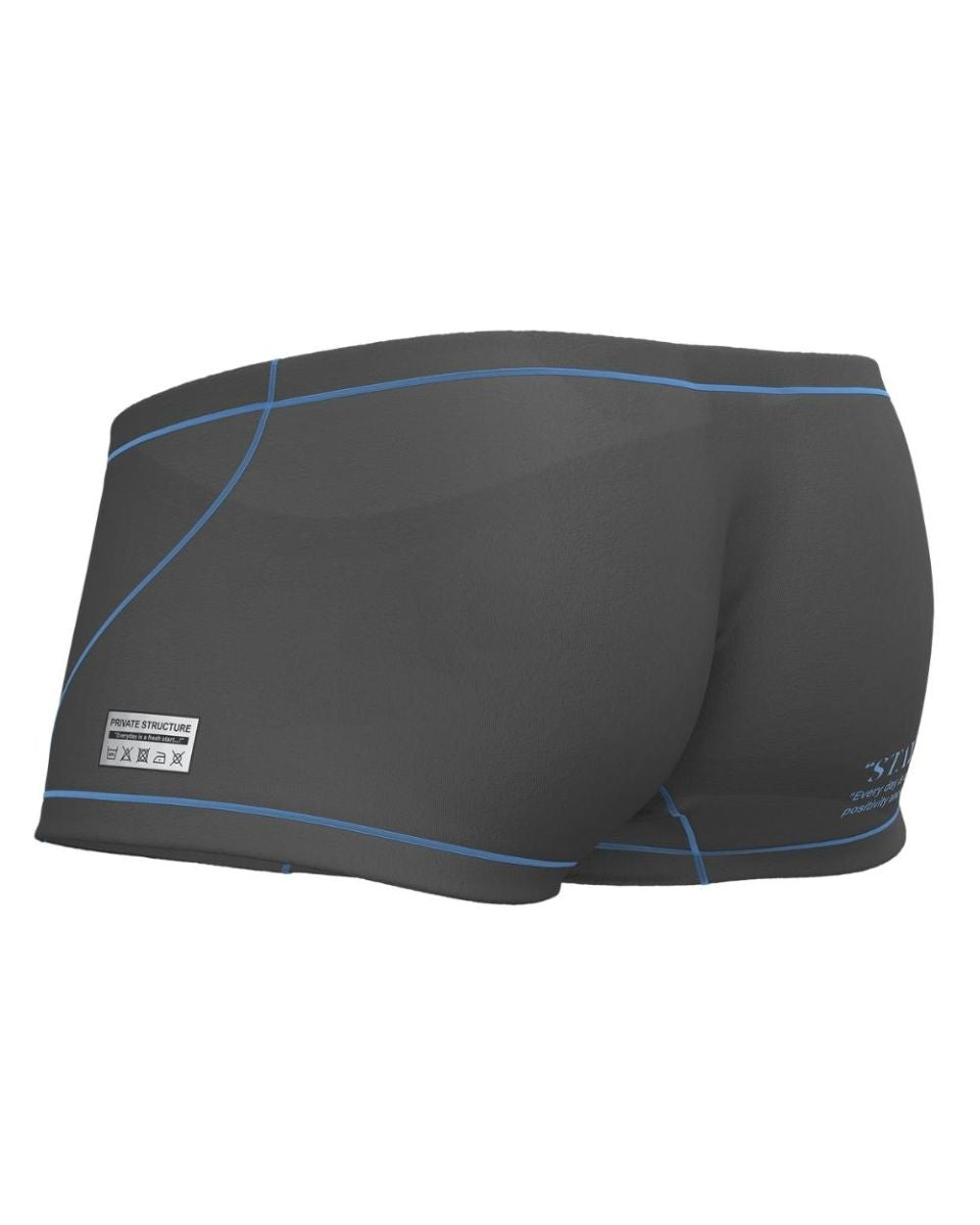 Private Structure EPUS4570 Prime Elysian hipster swim trunks in dark gray with light blue stitching and a white side label