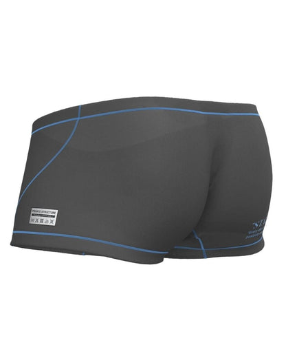 Private Structure EPUS4570 Prime Elysian hipster swim trunks in dark gray with light blue stitching and a white side label