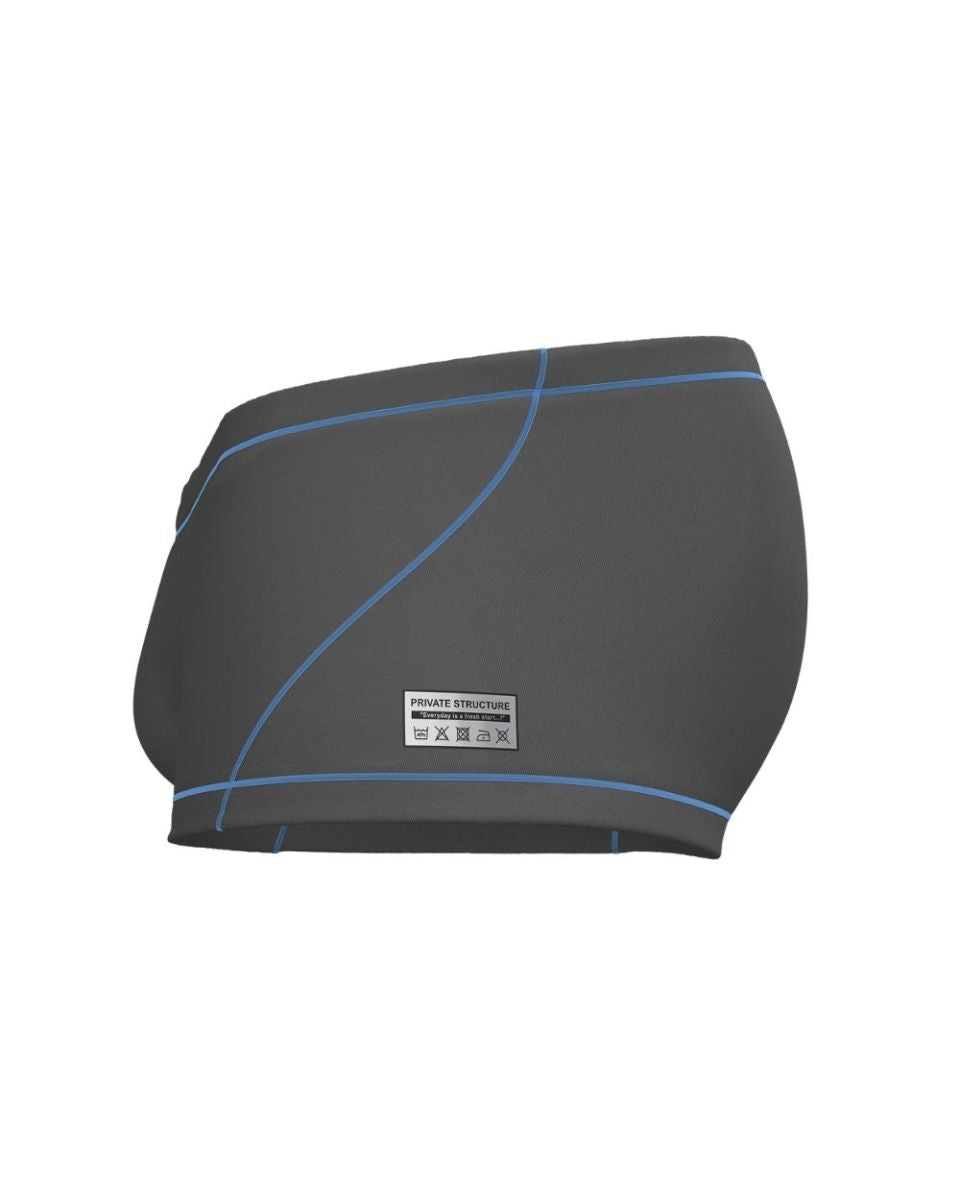 Dark gray Private Structure swim trunks with light blue stitching and brand label model EPUS4570 Prime Elysian hipster