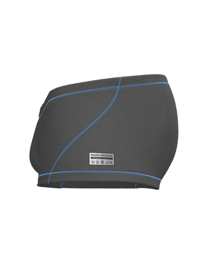 Dark gray Private Structure swim trunks with light blue stitching and brand label model EPUS4570 Prime Elysian hipster