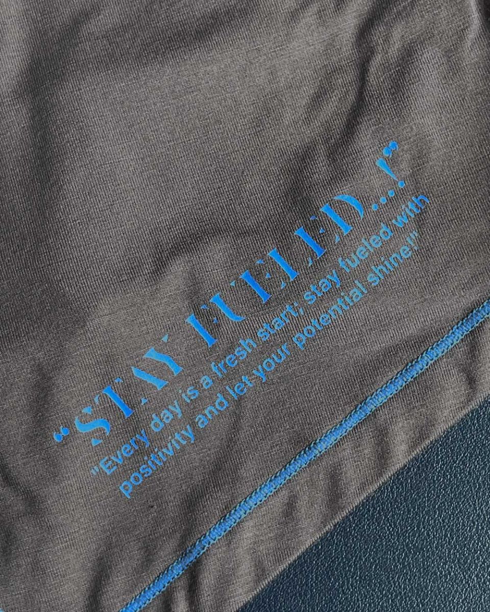 Dark gray cotton private structure epus4570 prime elysian hipster t shirt with blue printed quote and matching stitching