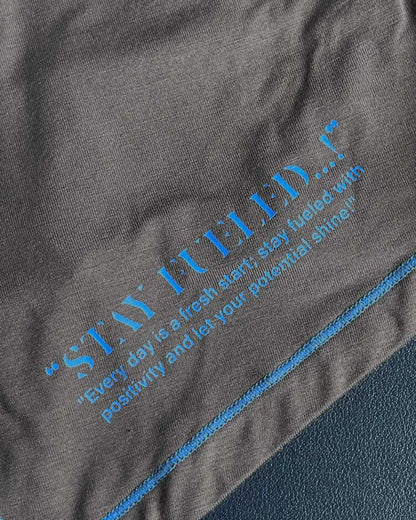 Dark gray cotton private structure epus4570 prime elysian hipster t shirt with blue printed quote and matching stitching