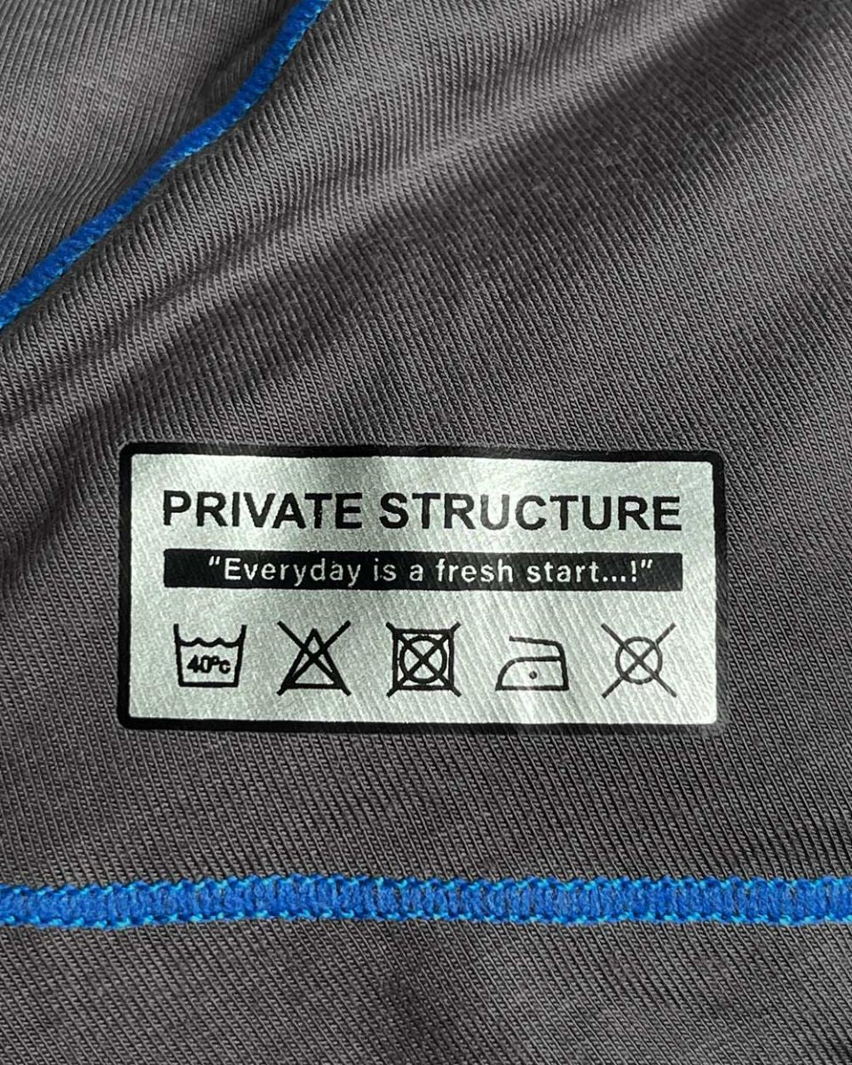 Gray private structure epus4570 prime elysian hipster fabric with blue stitching and white care label on back side