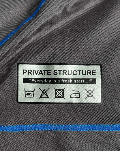 Gray private structure epus4570 prime elysian hipster fabric with blue stitching and white care label on back side