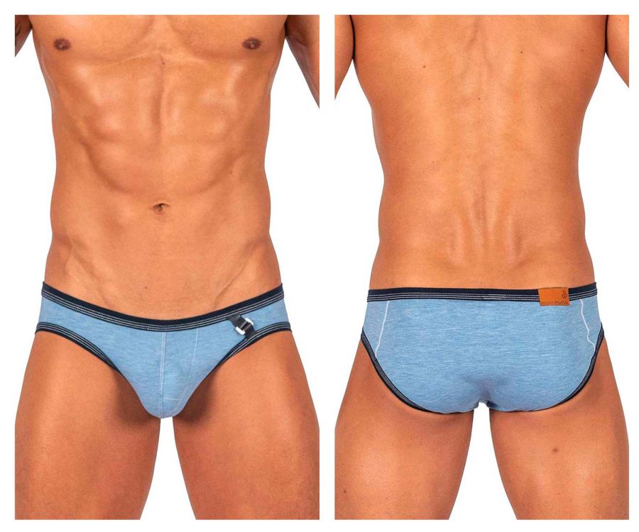 Private structure lcut4358 barn boy low rise mini briefs in denim light blue textured fabric with black trim and metallic buckle