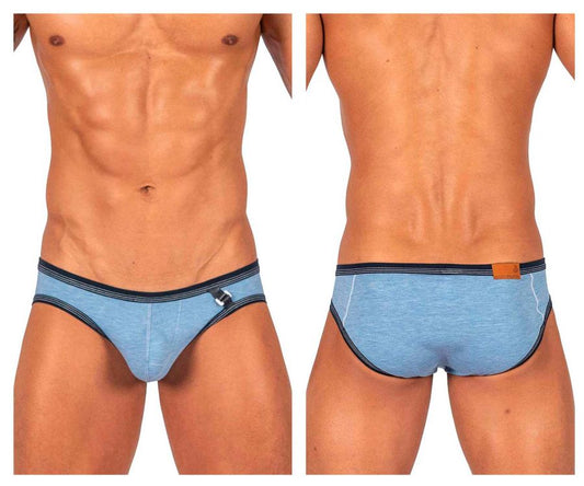 Private structure lcut4358 barn boy low rise mini briefs in denim light blue textured fabric with black trim and metallic buckle