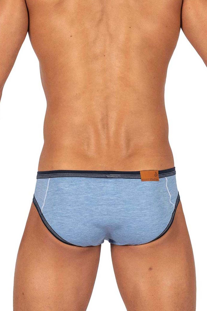 Light blue heathered private structure barn boy low rise mini briefs with black trim and brown leather brand tag