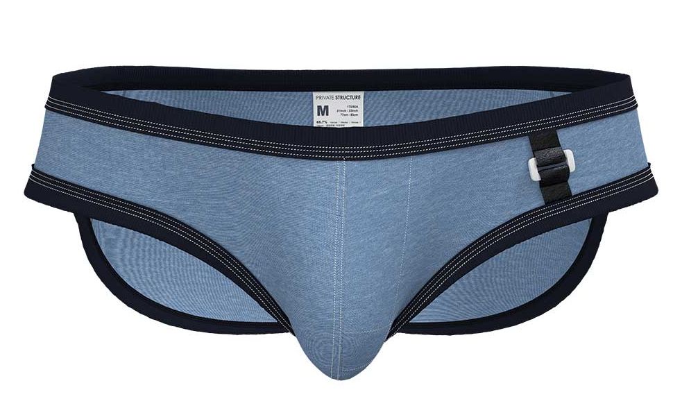 Private structure bcut4358 barn boy low rise mini brief in blue denim with black trim and white buckle closure
