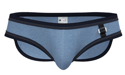 Private structure bcut4358 barn boy low rise mini brief in blue denim with black trim and white buckle closure
