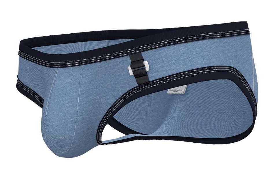 Blue denim low rise mini briefs by private structure with black trim and white plastic buckle in denim color