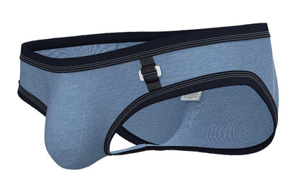 Blue denim low rise mini briefs by private structure with black trim and white plastic buckle in denim color