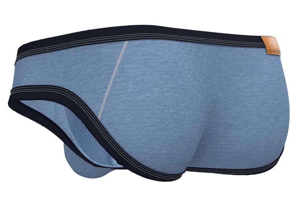 Blue heathered private structure barn boy low rise mini briefs with black trim and tan leather tag in denim color