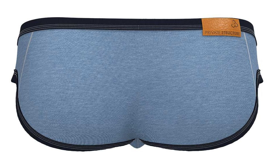 Blue heathered cotton Private Structure Barn Boy low rise mini briefs with black elastic trim and tan leather brand tag