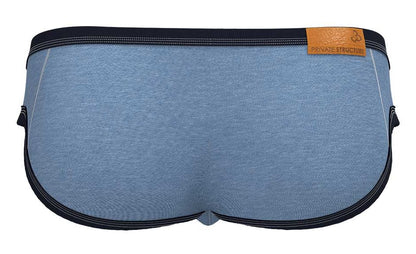 Blue heathered cotton Private Structure Barn Boy low rise mini briefs with black elastic trim and tan leather brand tag