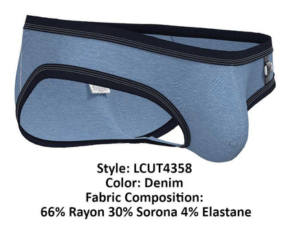 Denim-colored men’s low rise mini briefs with black trim and silver buckle side detail by private structure