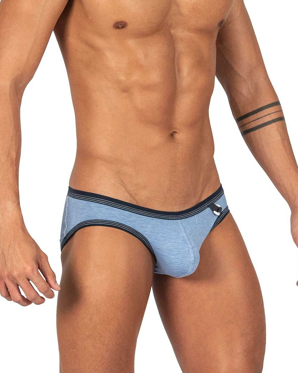 Light blue heathered denim barn boy low rise mini briefs by Private Structure with navy trim and black side zipper detail