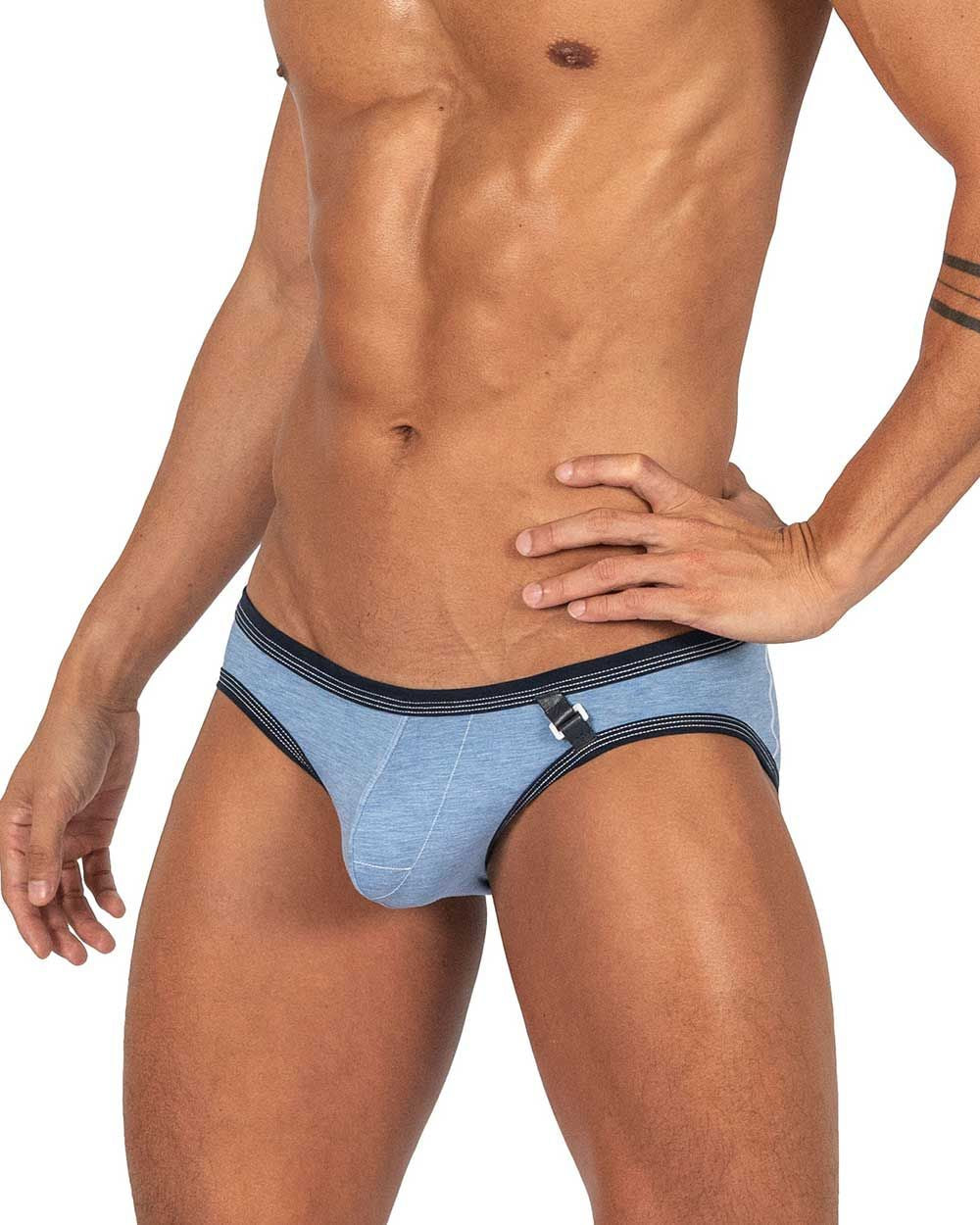 Light blue textured denim private structure LCUT4358 barn boy low rise mini briefs with black trim and metallic buckle detail