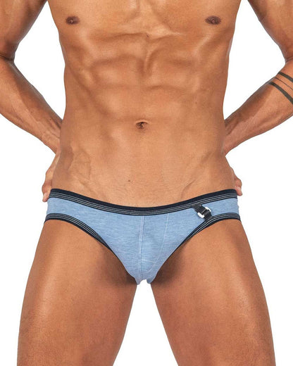 Private Structure LCUT4358 barn boy low rise mini briefs in light blue textured fabric with black trim and metallic buckle detail