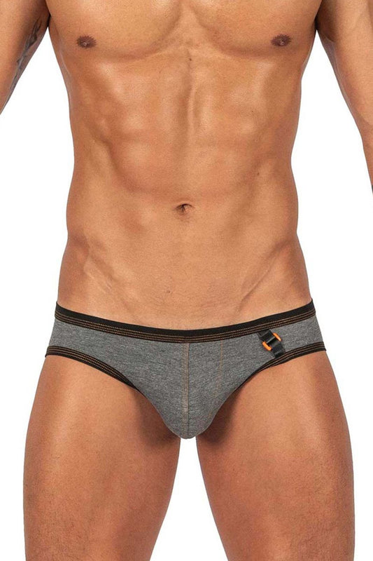 Private structure barn boy low rise mini briefs in stone gray gray heathered fabric with black trim and orange buckle detail
