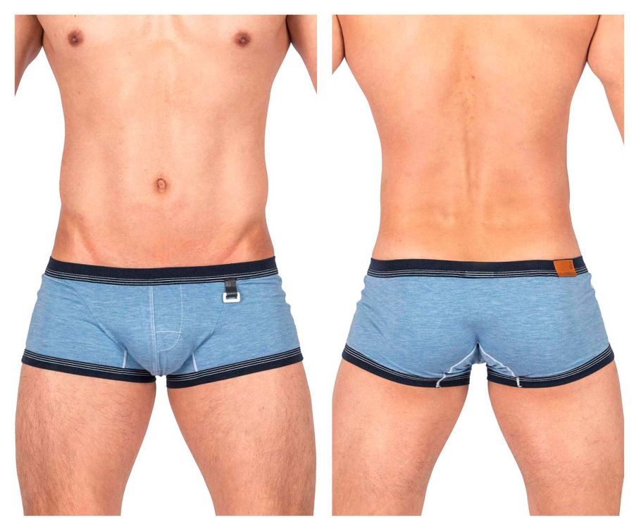 Private structure lcut4359 barn boy low rise trunk briefs in light blue heathered fabric with navy trim and brown leather patch
