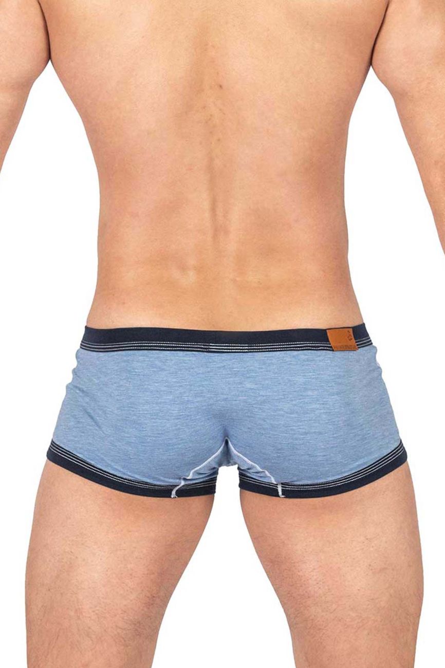 Private structure lcut4359 barn boy low rise trunk denim light blue heathered cotton briefs with navy trim and leather patch