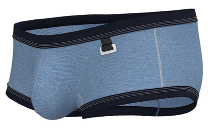 Private Structure LCUT4359 barn boy low rise trunk denim briefs with light blue denim texture and navy trim buckle closure
