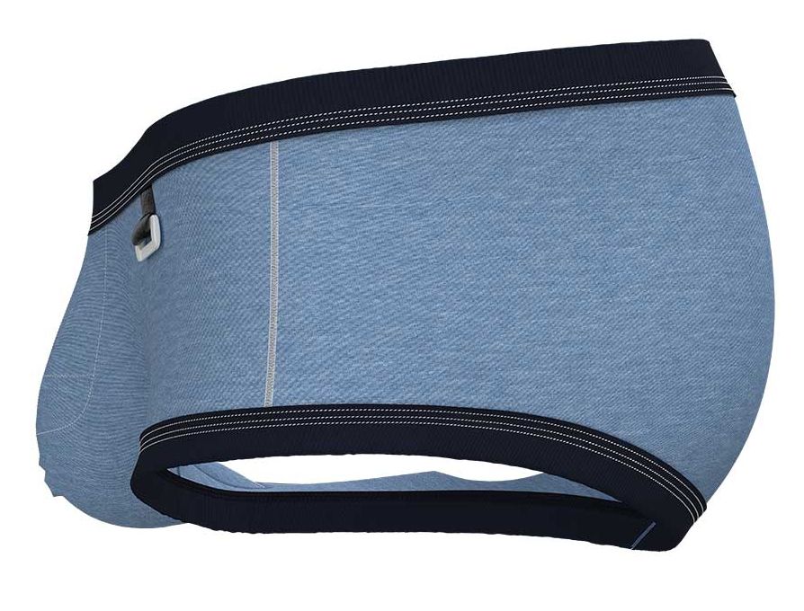 Private Structure LCUT4359 Barn Boy low rise trunk in light blue denim with black elastic trim and white stitching accents
