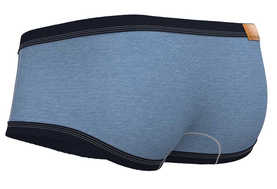 Private structure lcut4359 barn boy low rise trunk in blue heathered cotton with black elastic waistband and tan leather tag