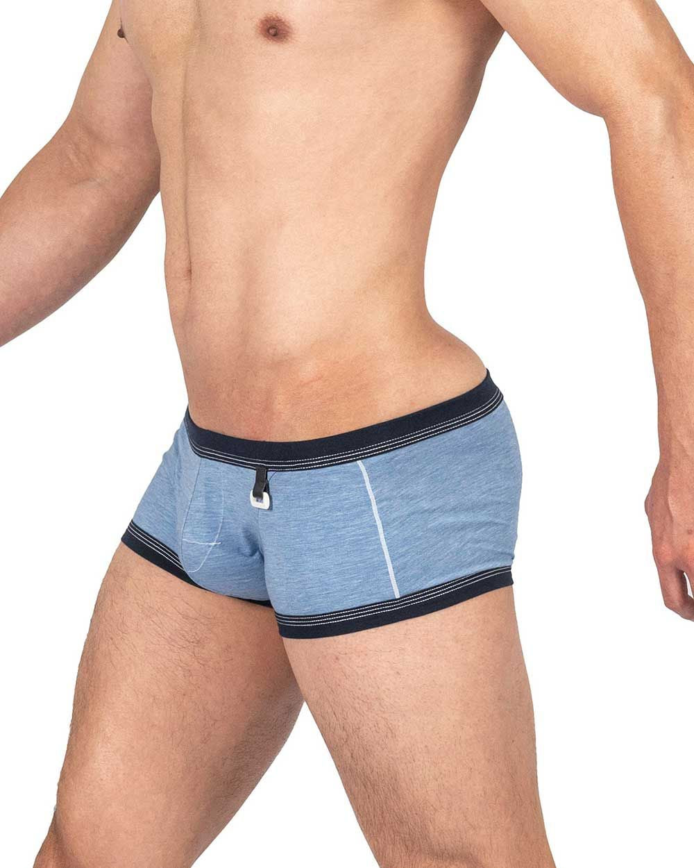 Private structure lcut4359 barn boy low rise trunk briefs in light blue heathered fabric with navy trim and white zipper pull