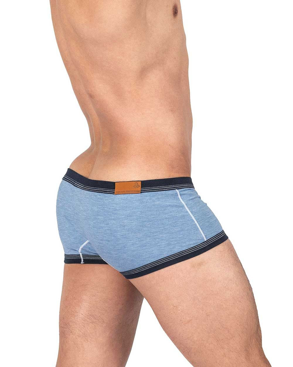 Private structure lcut4359 barn boy low rise trunk in light blue heathered fabric with navy trim and brown leather patch