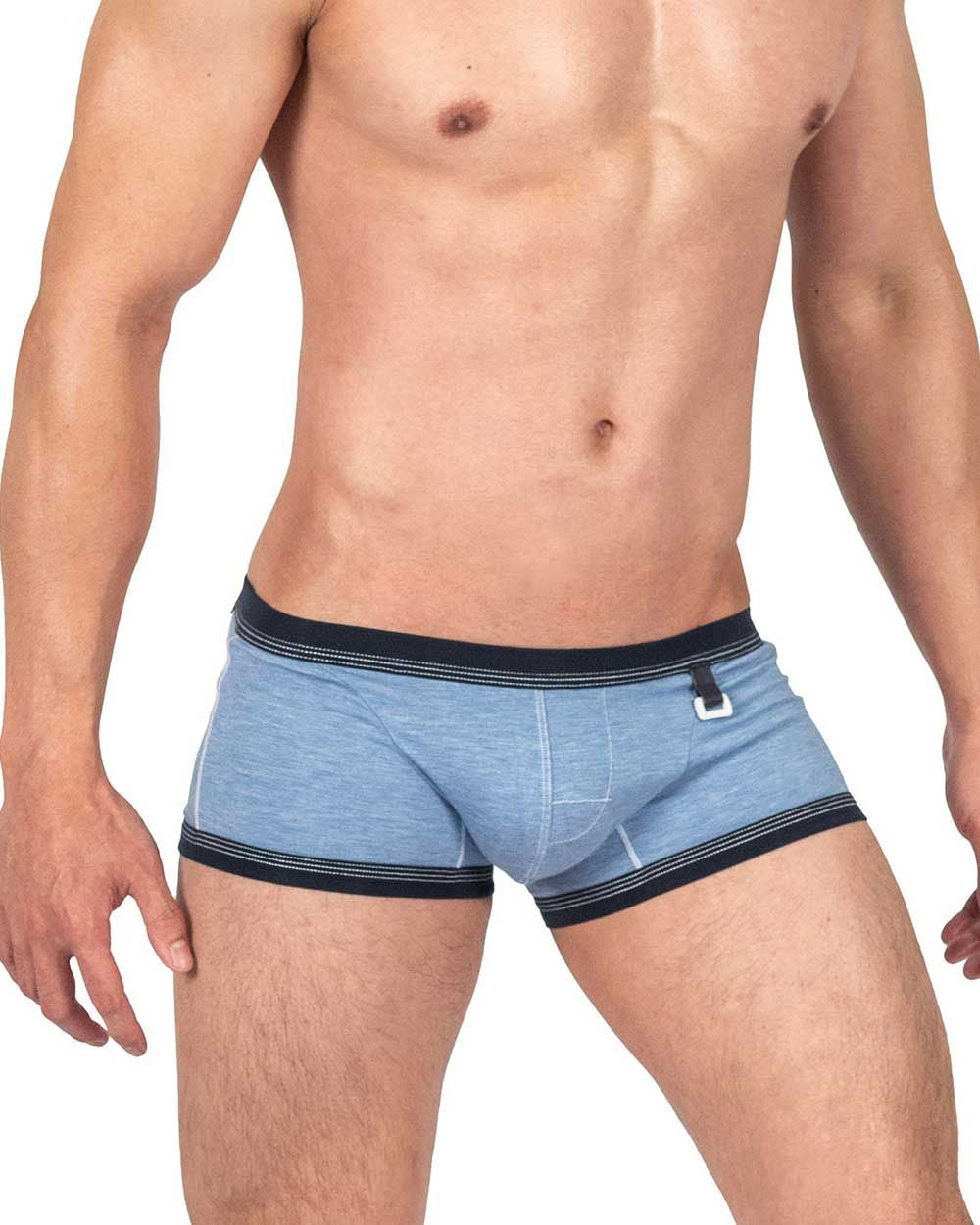 Light blue heathered private structure barn boy low rise trunk briefs with black trim and silver buckle detail