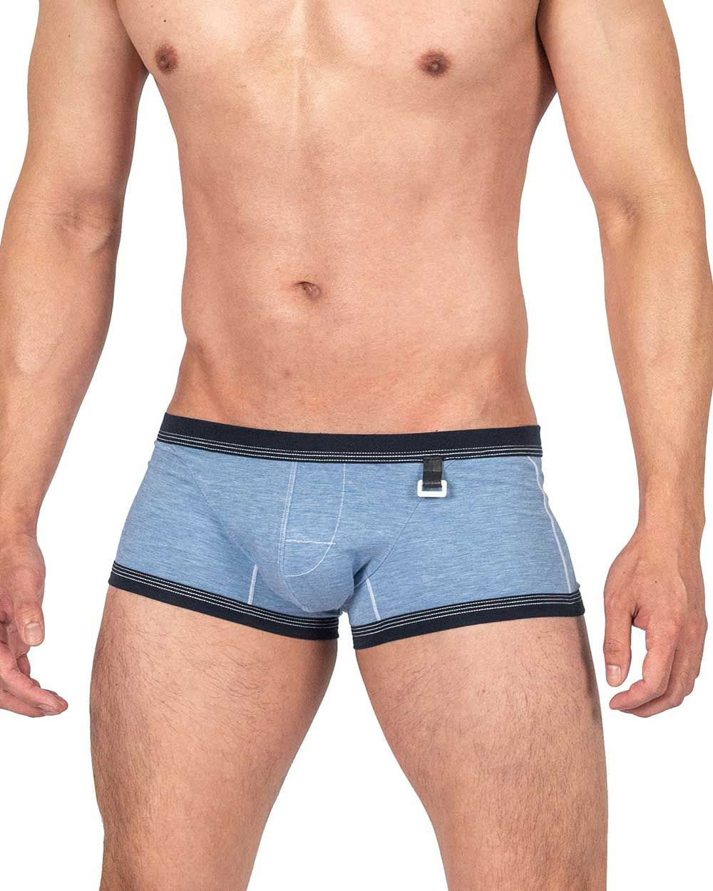 Private structure lcut4359 barn boy low rise trunk in denim blue heathered fabric with black trim and white buckle detail