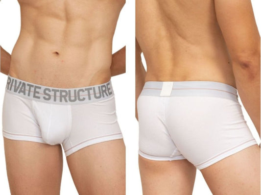 White private structure mo lite contour briefs with gray elastic waistband and bold logo for men