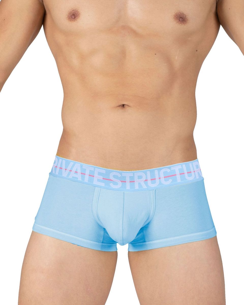 Light blue private structure moux4103 mo lite mid waist men’s boxer briefs with white waistband and pink black logo